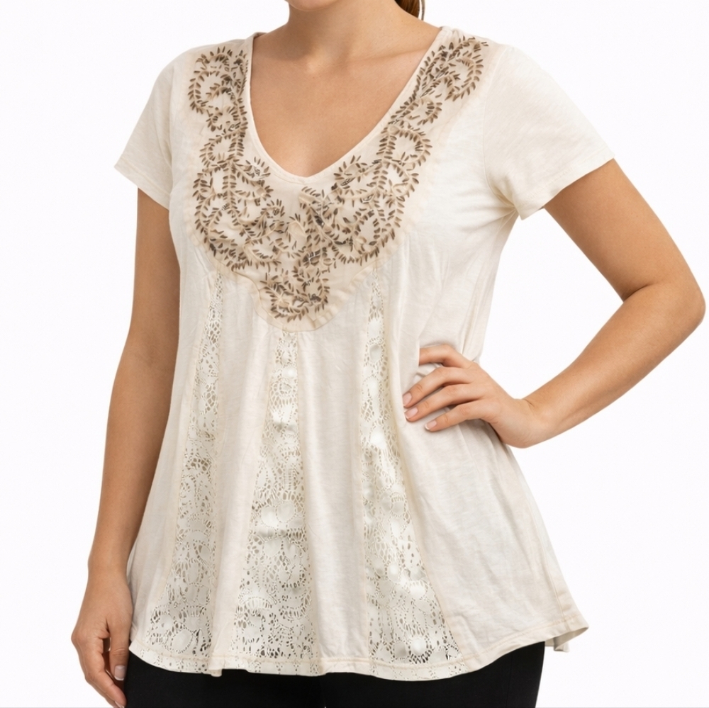 Daytrip by Buckle Ivory Beaded Lace Boho Top Large Festival Y2K Blouse - Picture 3 of 8